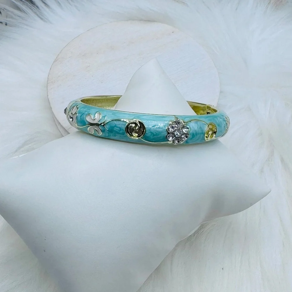Green Flower Enamel Cloisonne Bracelet Bangle Thick Style